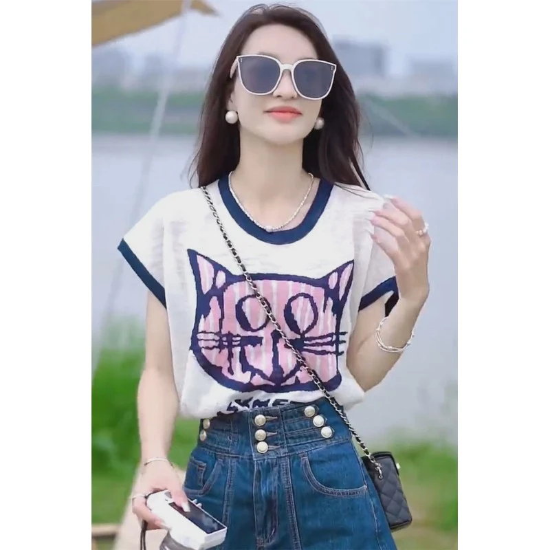 冰丝针织衫女t恤短袖薄款夏季2025新款小个子宽松设计感小众上衣