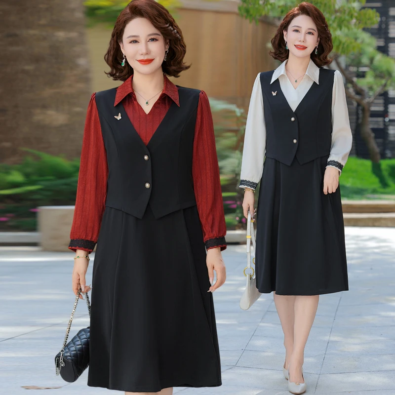 中年人妈妈春装洋装2025新款洋派中老年女春秋假两件衬衫领裙子