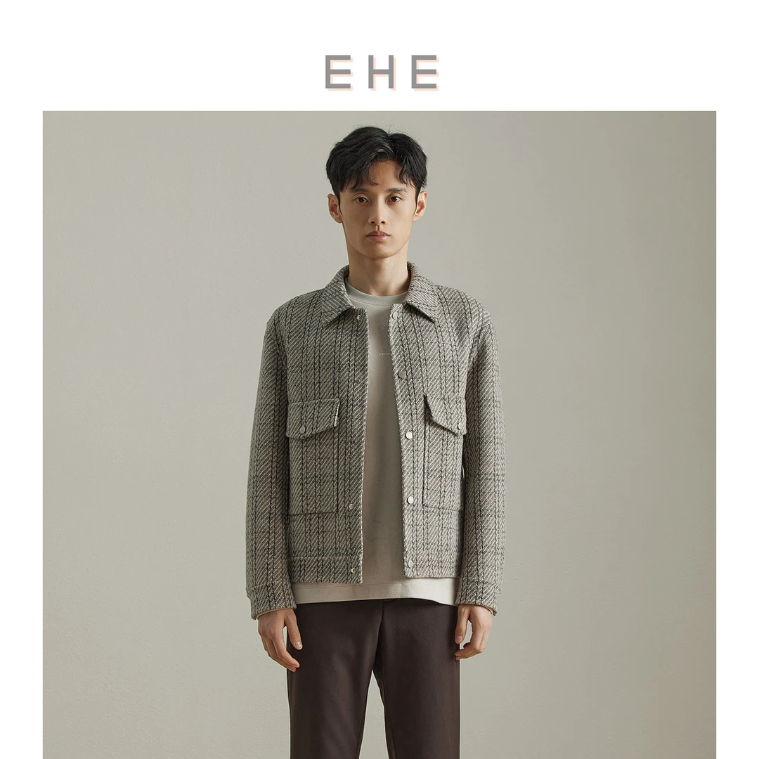 EHE黑灰条纹羊毛混纺时尚保暖休闲夹克外套66101224008