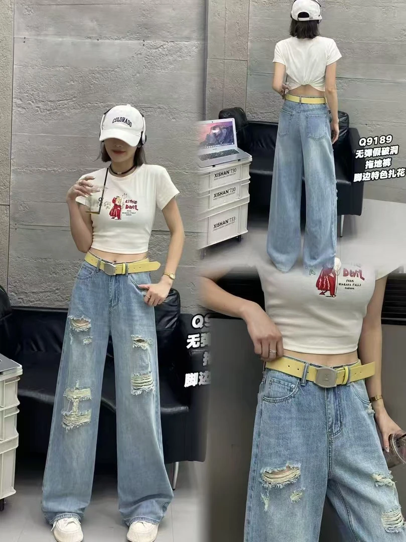 高腰显瘦破洞直筒牛仔裤复古宽松阔腿裤春夏薄款潮流