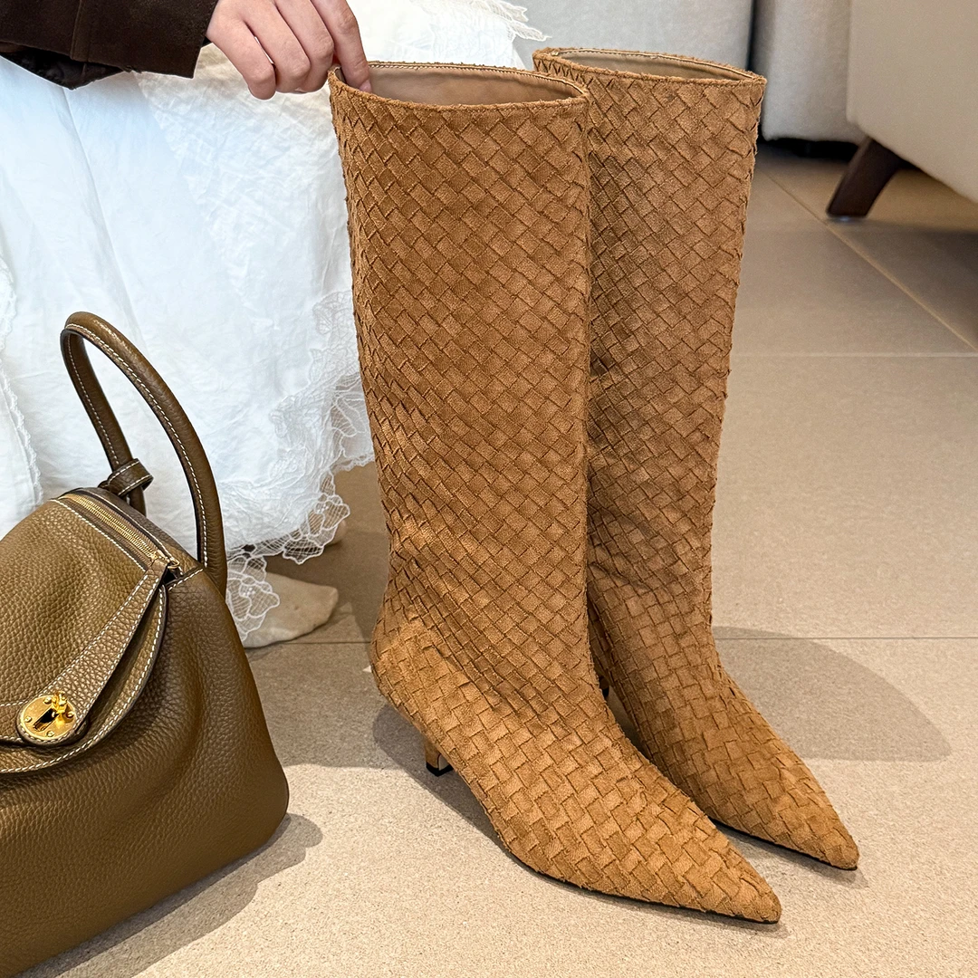 elingstudio 浪漫艺术家！编织尖头长筒靴女不过膝秋季低跟骑士靴