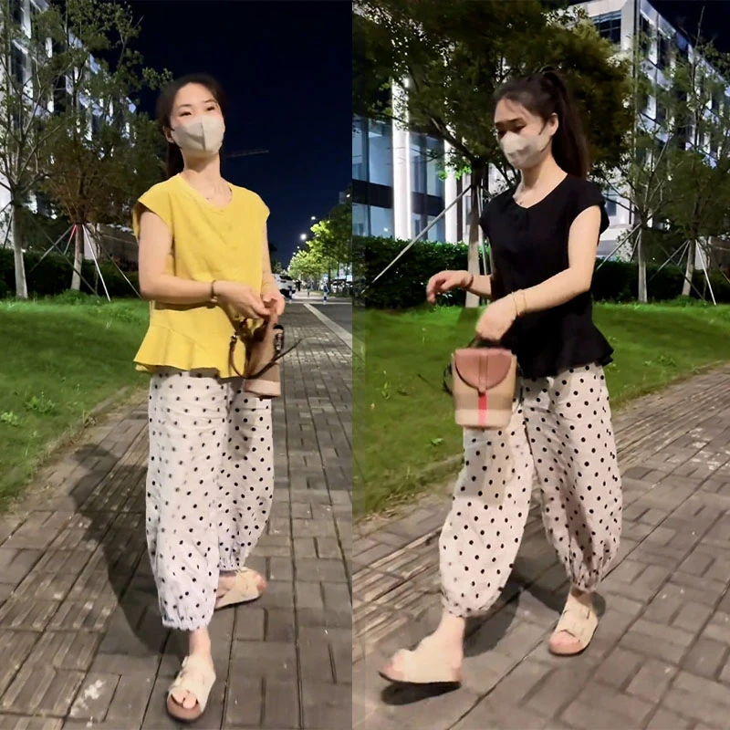 夏装2025超火一整套时尚圆领设计感短袖上衣休闲波点九分裤两件套