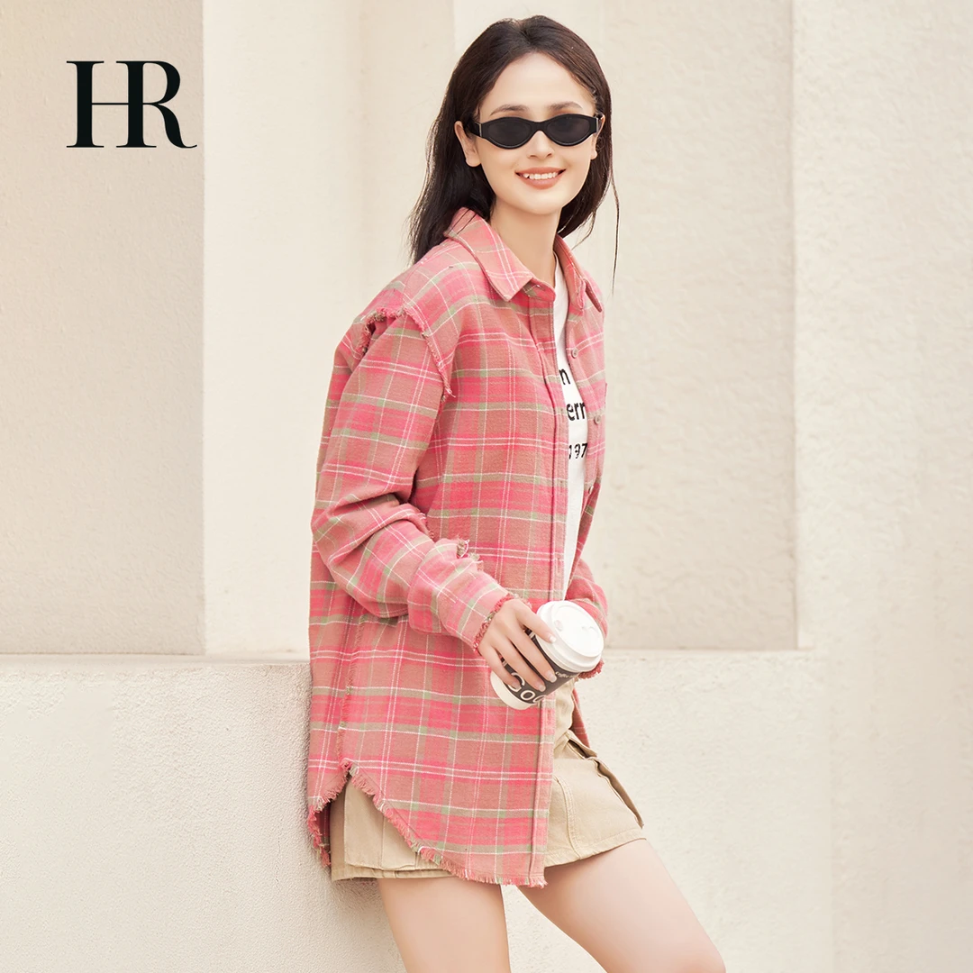 【HR赫莲娜】春季格纹休闲百搭经典时尚女式长袖复古翻领衬衫-可可