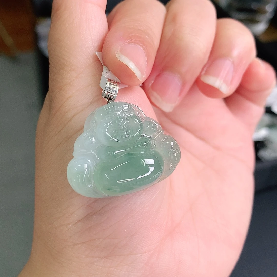 翡翠18K金镶嵌颈饰冰绿佛公25-30-7如