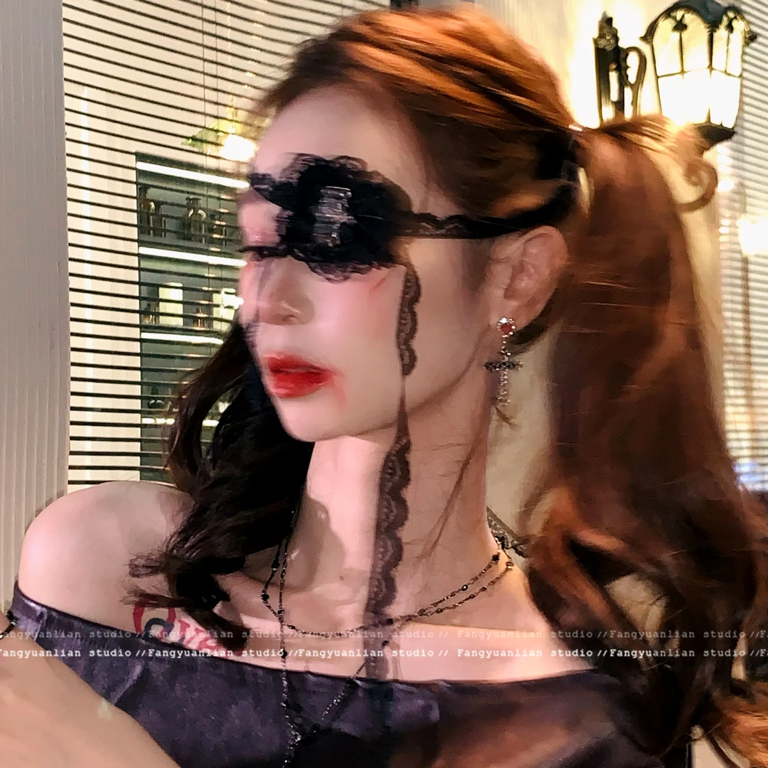 非金属涤纶项链 万圣节蕾丝爱心绑眼罩女cos鬼怪修甜酷十字架配饰