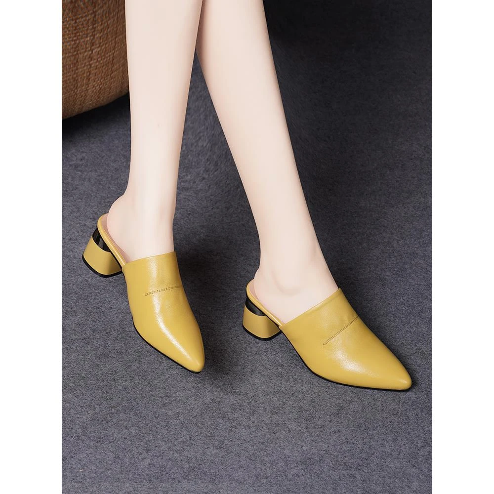 FAVMARTHA2025新款夏季尖头半拖鞋女真皮粗跟中跟外穿包头凉拖软