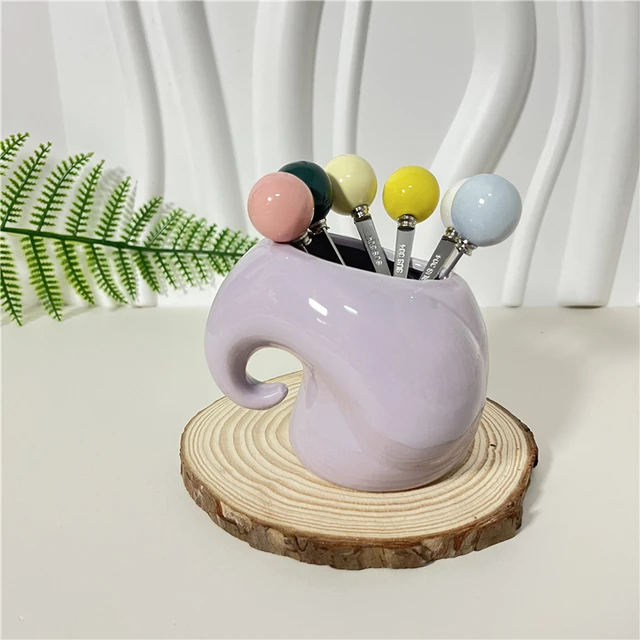 创意小象陶瓷水果叉套装304不锈钢彩色水果叉子奶油风ins彩色