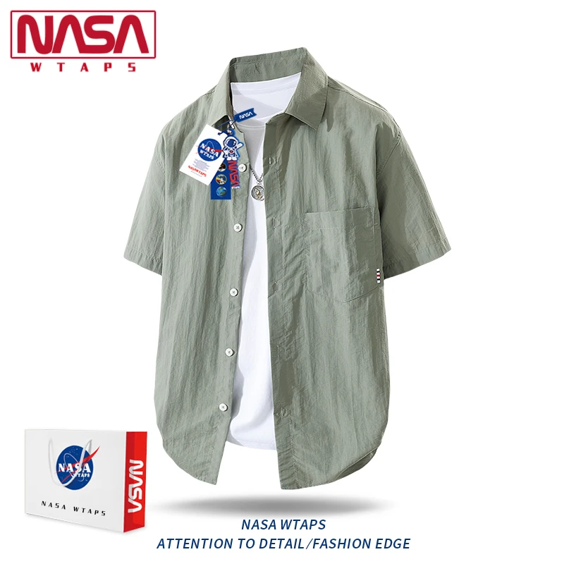 NASA WTAPS日系简约短袖衬衣男士夏季宽松透气翻领纯色衬衫外套潮
