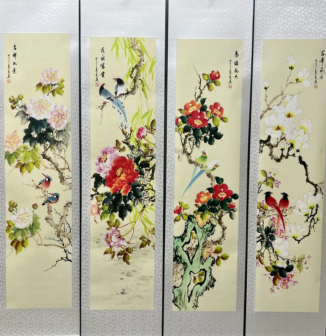 170*40花鸟四条屏适合客厅书房茶室的艺术挂画