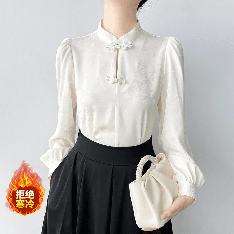 2025秋冬新中式国风显瘦衬衫加绒新款搭配马面裙衬衣