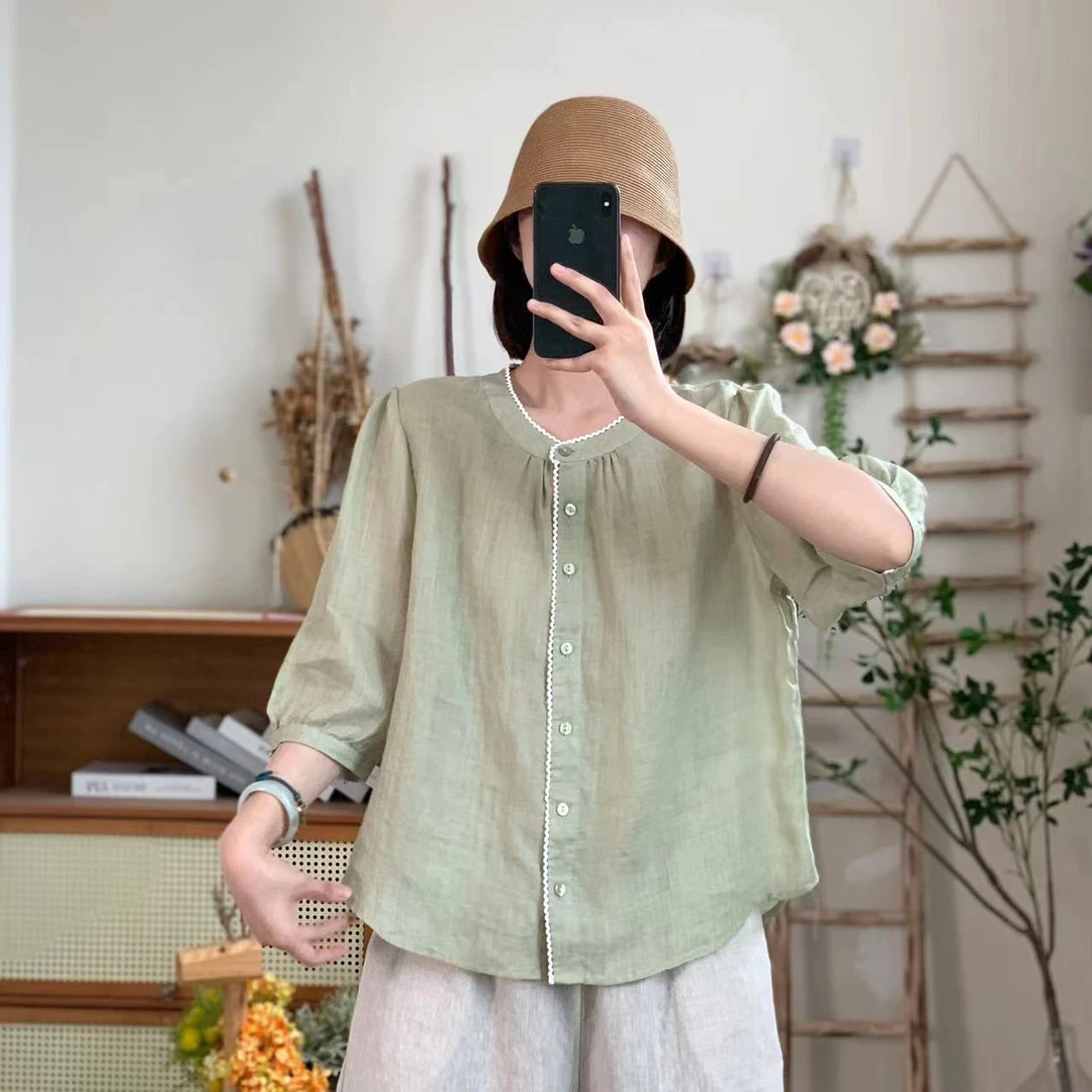 苎麻糖果色花边领娃娃衫时尚休闲百搭夏季衬衫 DYLJJ 12232