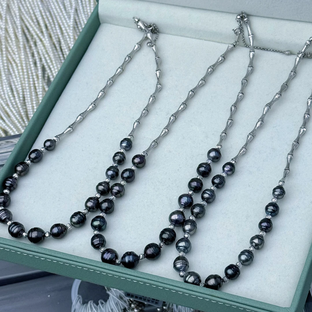 【绎世珠宝】竹节s925银大溪地巴洛克炫光珍珠项链8-9（多样性发一）