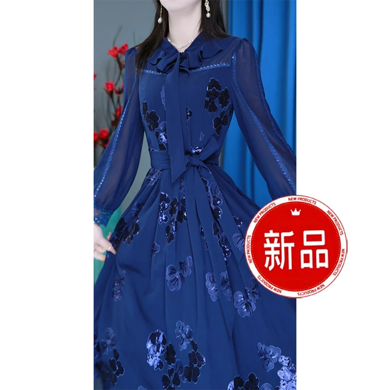 中长款修身收腰气质显瘦时尚复古连衣裙