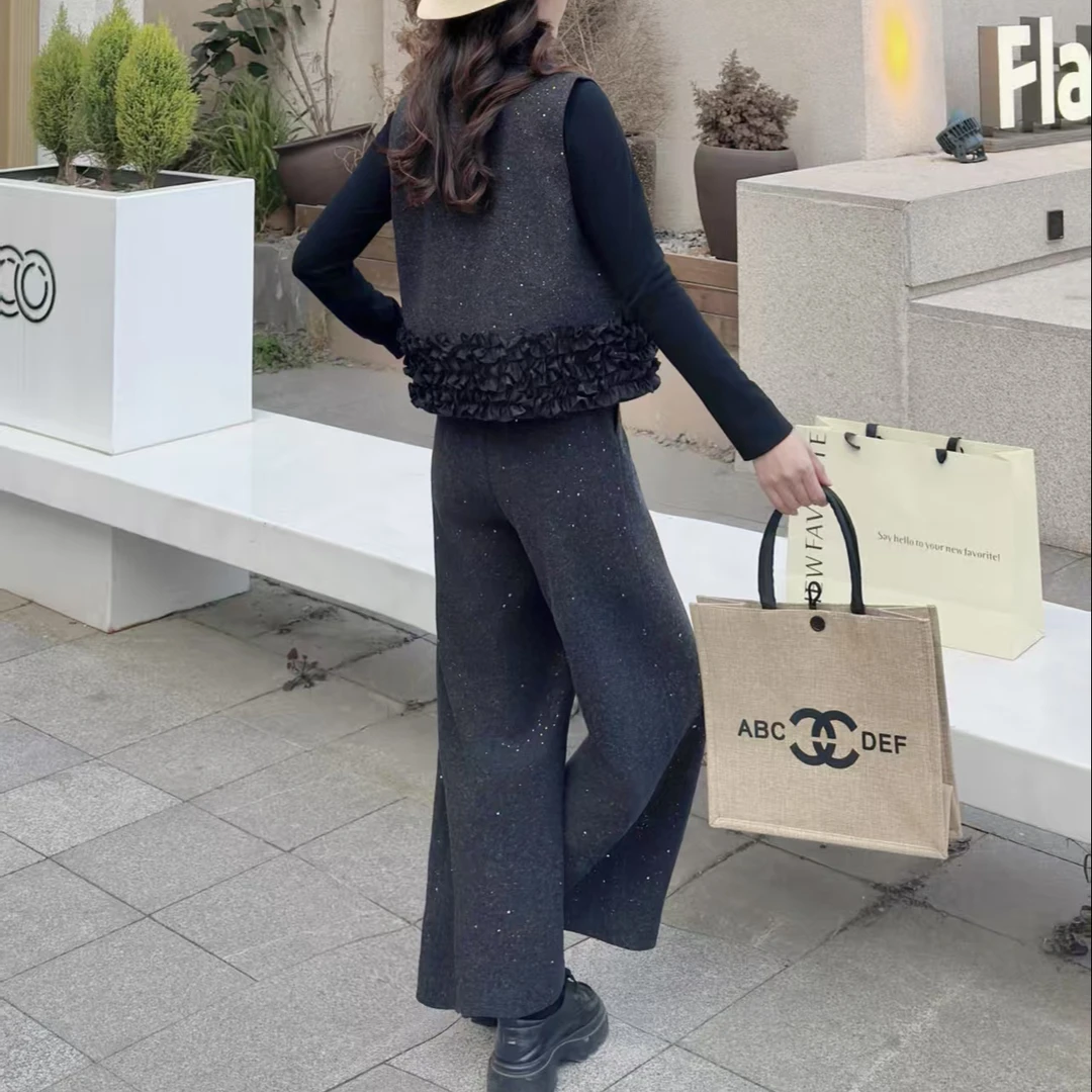 亮闪闪花边马甲长袖打底阔腿裤三件套02325.(衣长53裤长96)