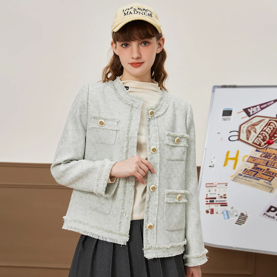a02【大叔女装专属】小香风毛边单排扣设计短款女式外套AEI3C7812