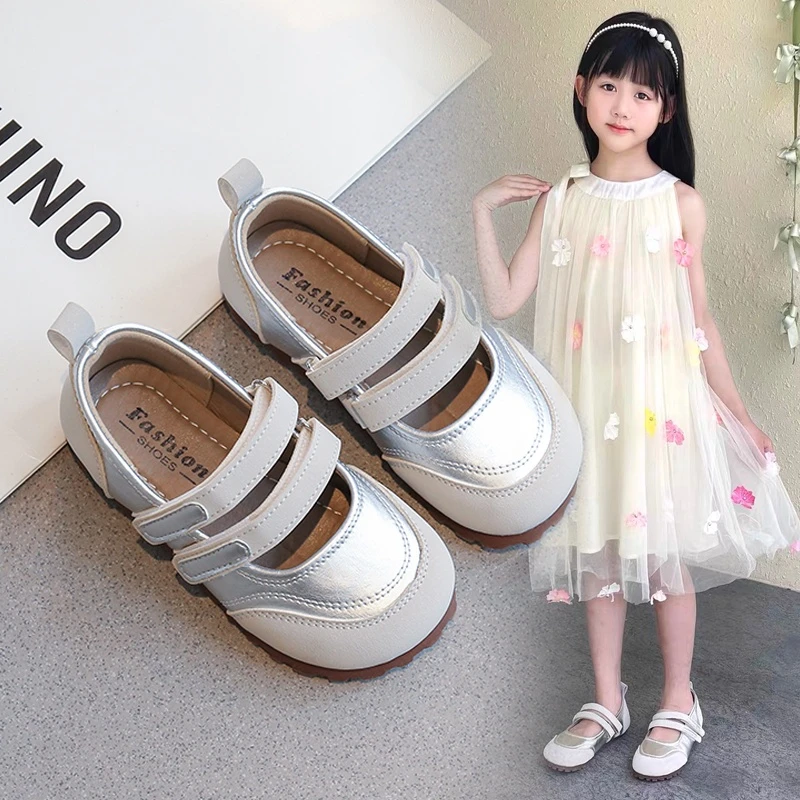 ABC女童小皮鞋2025春秋新款公主风单鞋配裙子银色豆豆鞋儿童鞋子