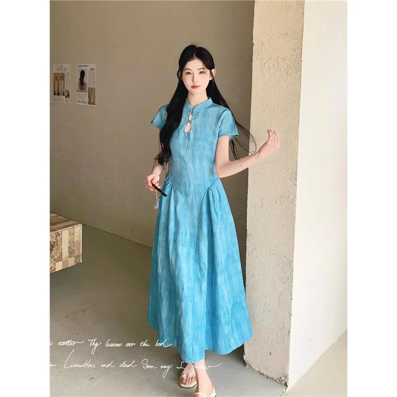 新中式国风蓝色短袖连衣裙女夏2025新款法式优雅独特别致气质穿搭