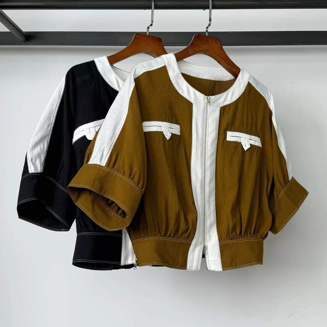 2025新款半袖时尚短袖百搭休闲夏季春夏简约拉链撞色圆领T恤