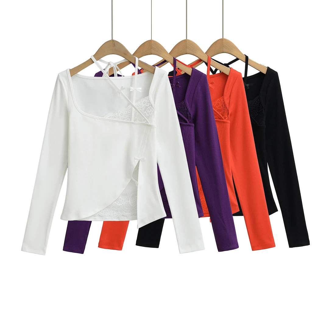 纯欲风蕾丝拼接上衣女早春款修身内搭打底衫性感辣妹挂脖短款T恤