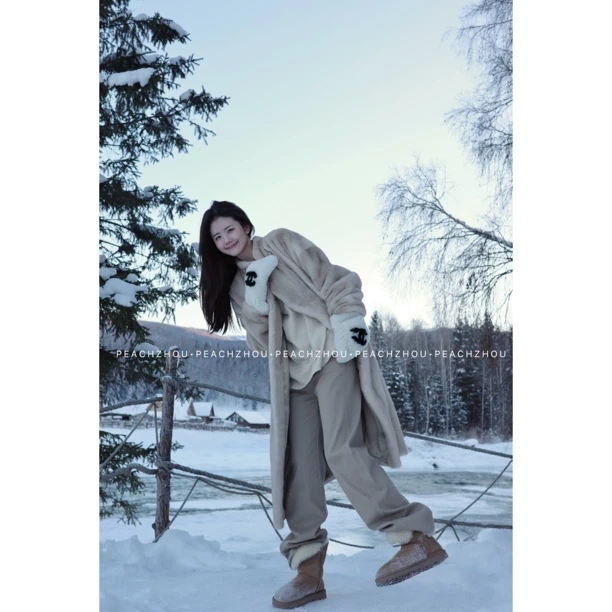 PEACHZHOU 软糯亲肤卡其弹力加长植绒微宽松直筒裤休闲通勤小腿裤