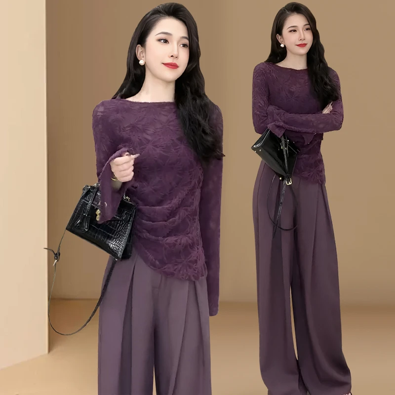 竹叶提花不规则长袖t恤女2025春秋新款时尚显瘦圆领气质内搭上衣