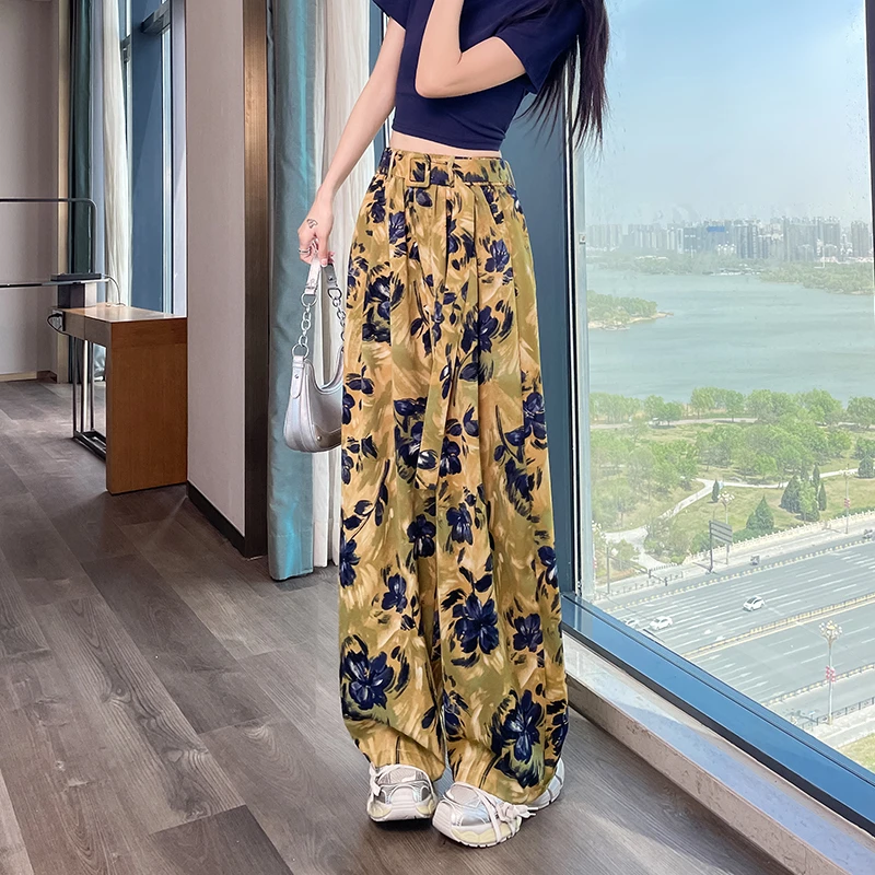 印花阔腿裤子女夏季2025薄款新款休闲国风高腰宽松显瘦垂感拖地裤