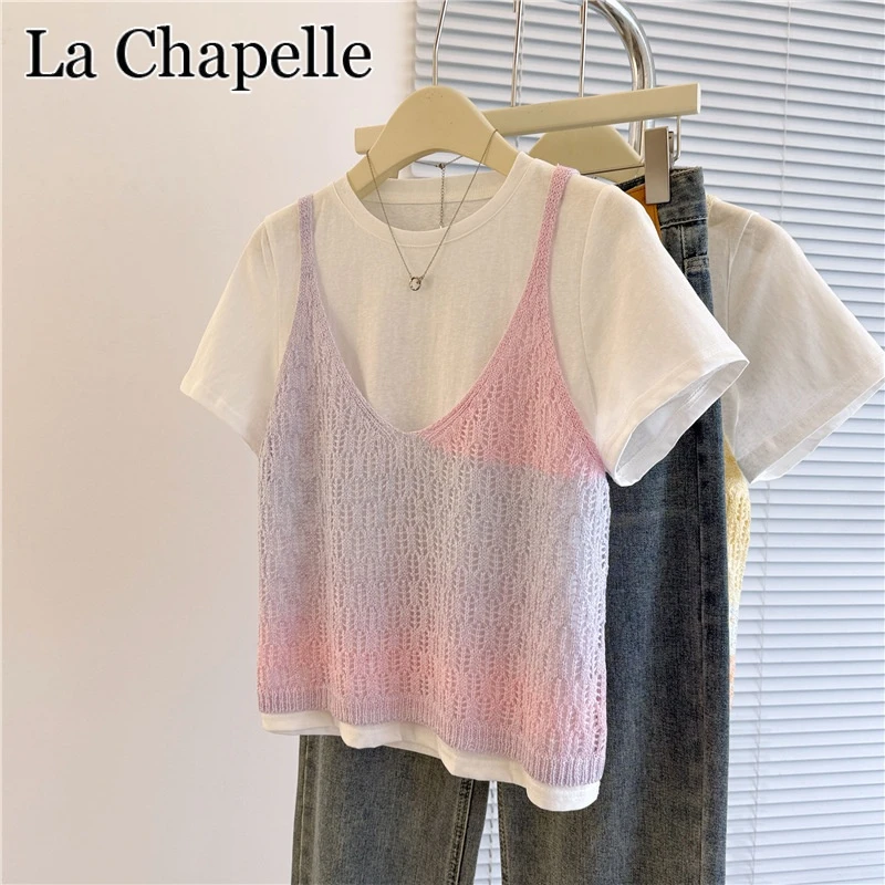 拉夏贝尔新款多巴胺镂空针织T恤套装女时尚百搭减龄韩版显瘦上衣