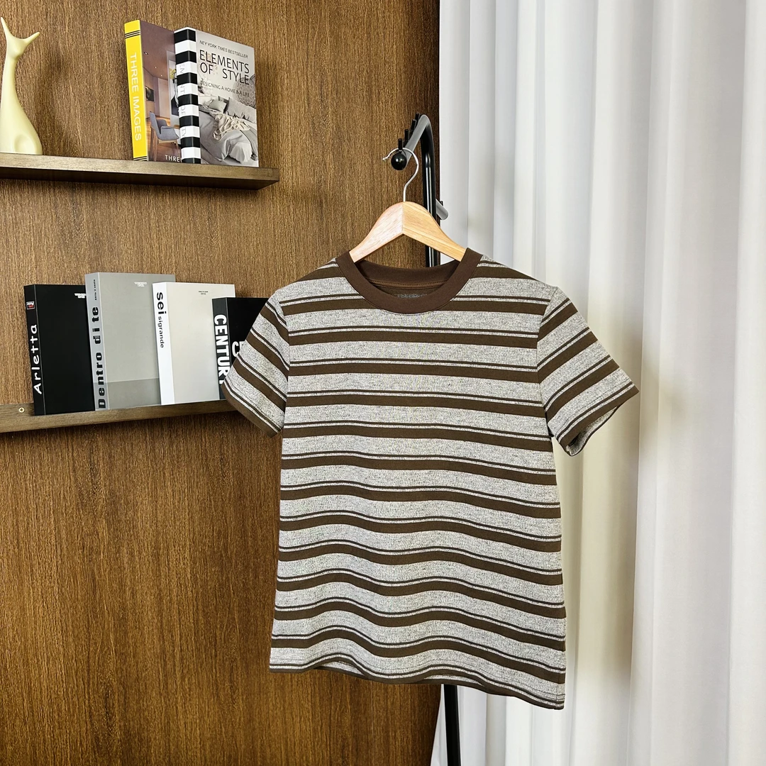 Diana-Tamara陈想 夏季休闲高级感复古撞色咖条纹T恤 CX24TS1052