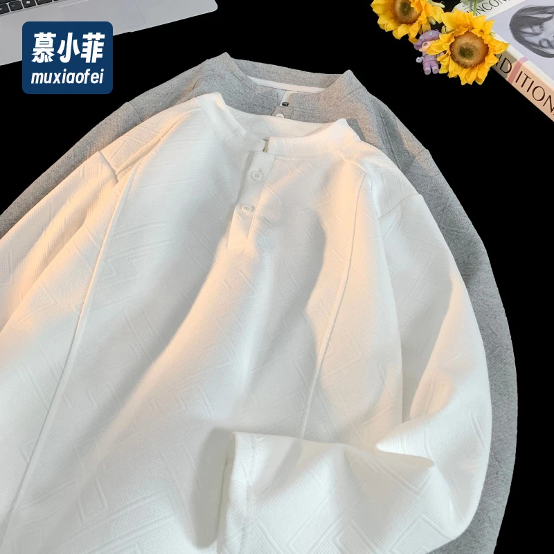 【现货秒发】美式潮牌解构拼接设计长袖正肩亨利领秋季POLO衫男卫衣