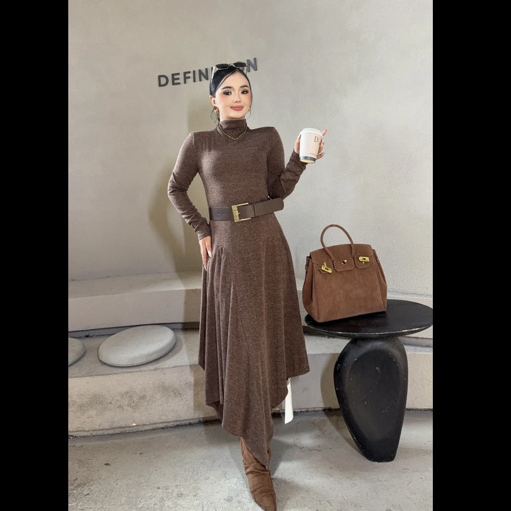 Rayhon早秋新款韩系设计感小众不规则高领长袖修身显衣裙