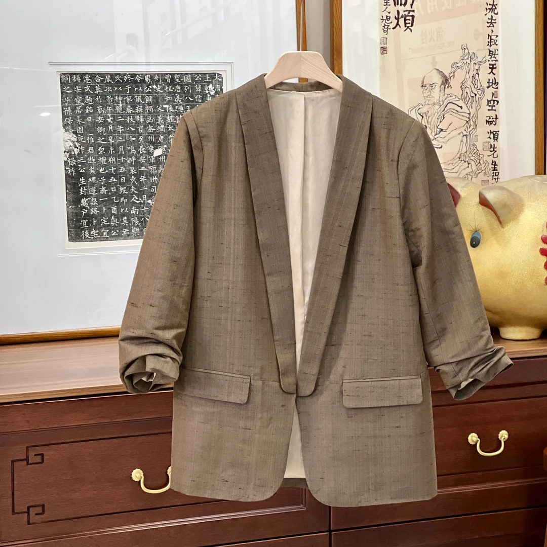 櫟丝御锦柞蚕丝女士上衣气质春季休闲百搭时尚西服外套 L24R35WH
