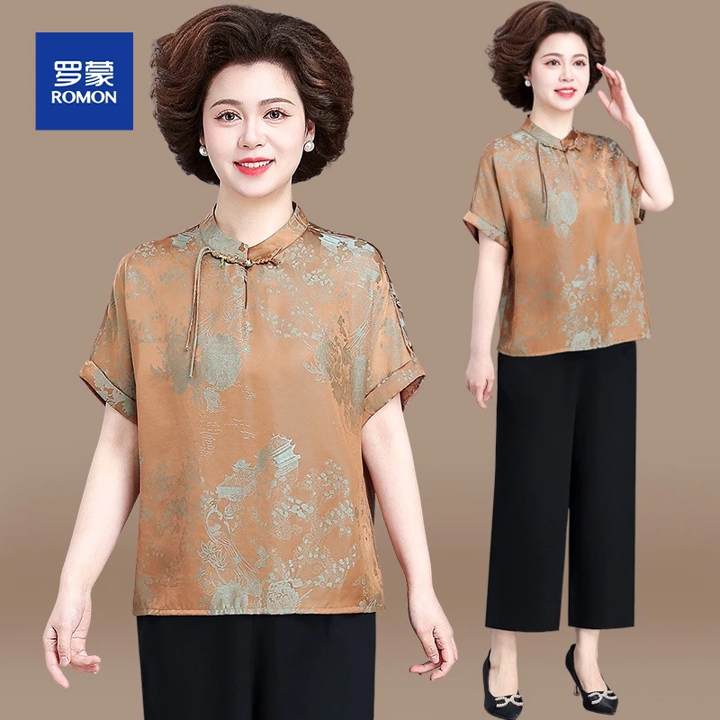 新中式妈妈夏装套装2025新款国风小衫中老年人夏季仿香云纱上衣女