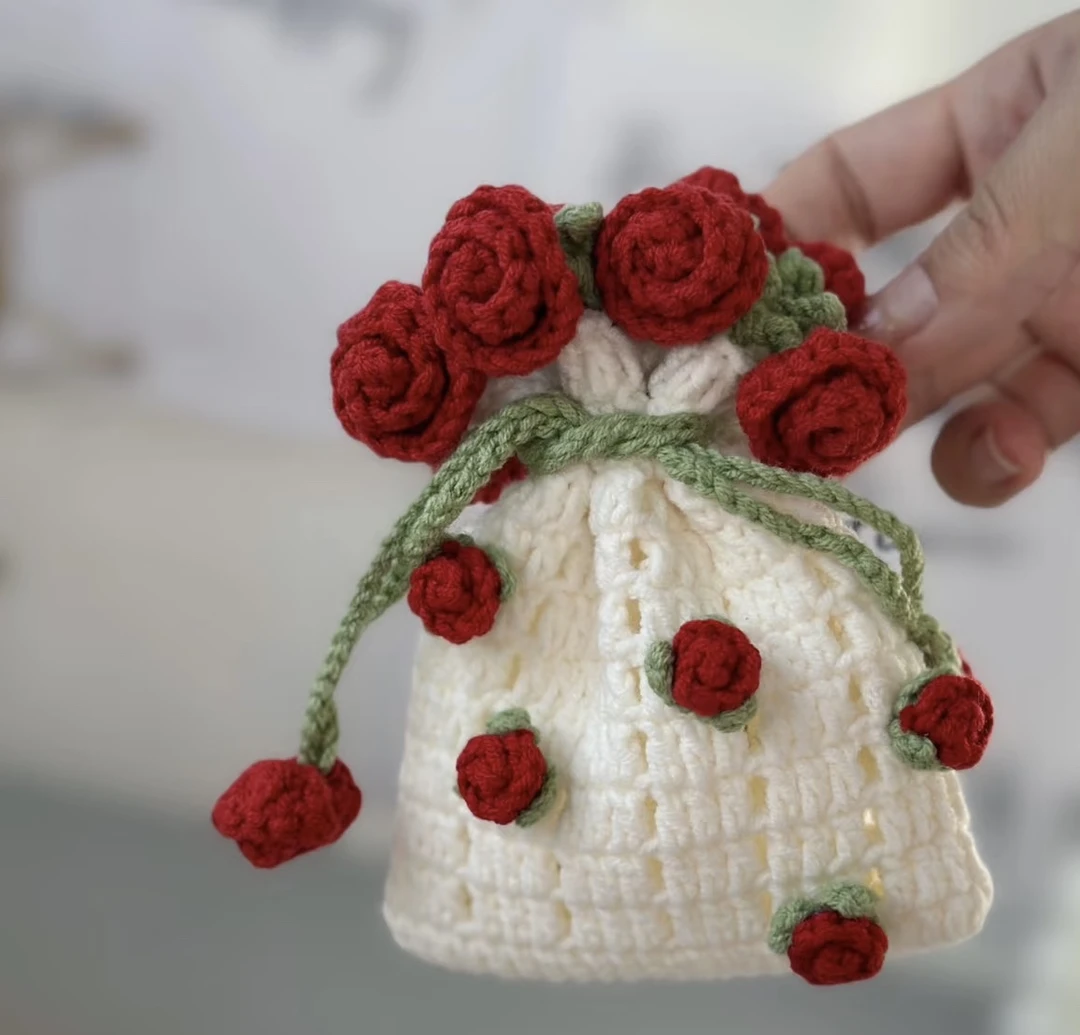 （成品发货）手工钩织毛线创意甜美玫瑰花零钱包包成品
