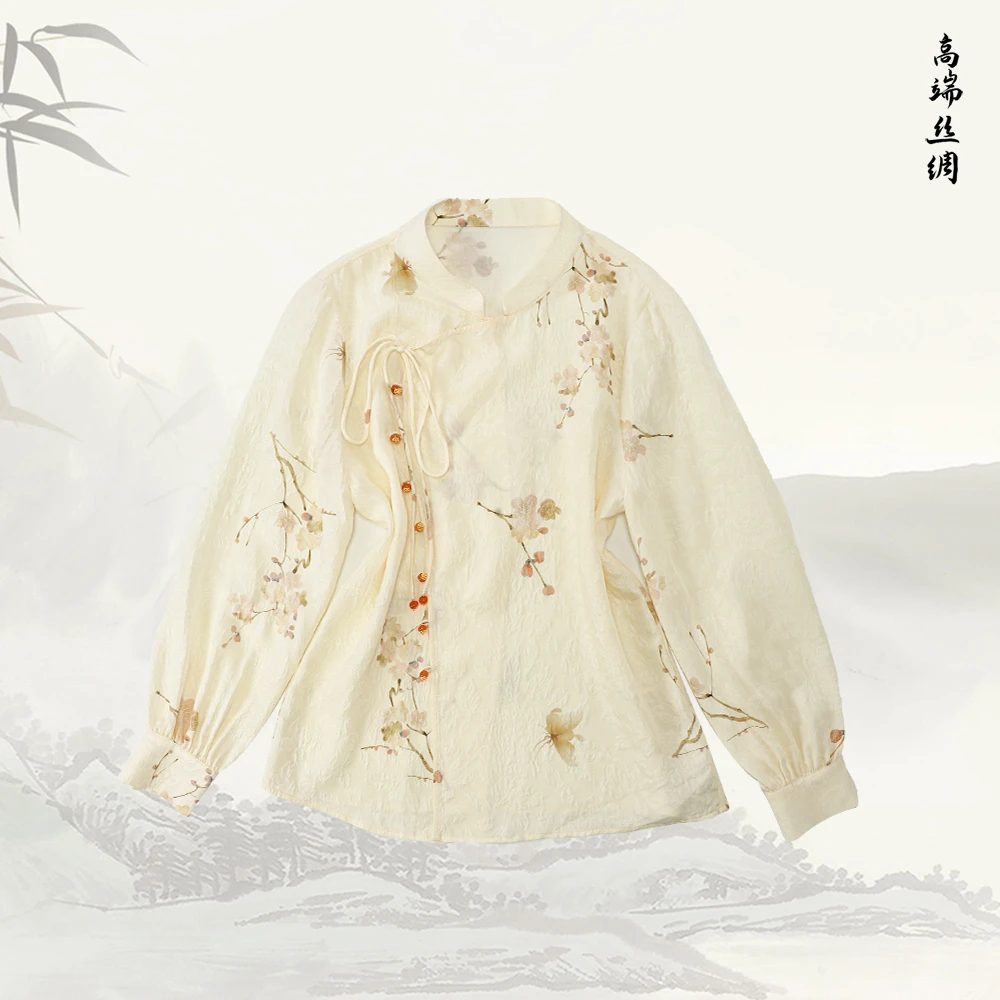 【桃灼】品牌新款桑蚕丝立领长袖衬衫516150