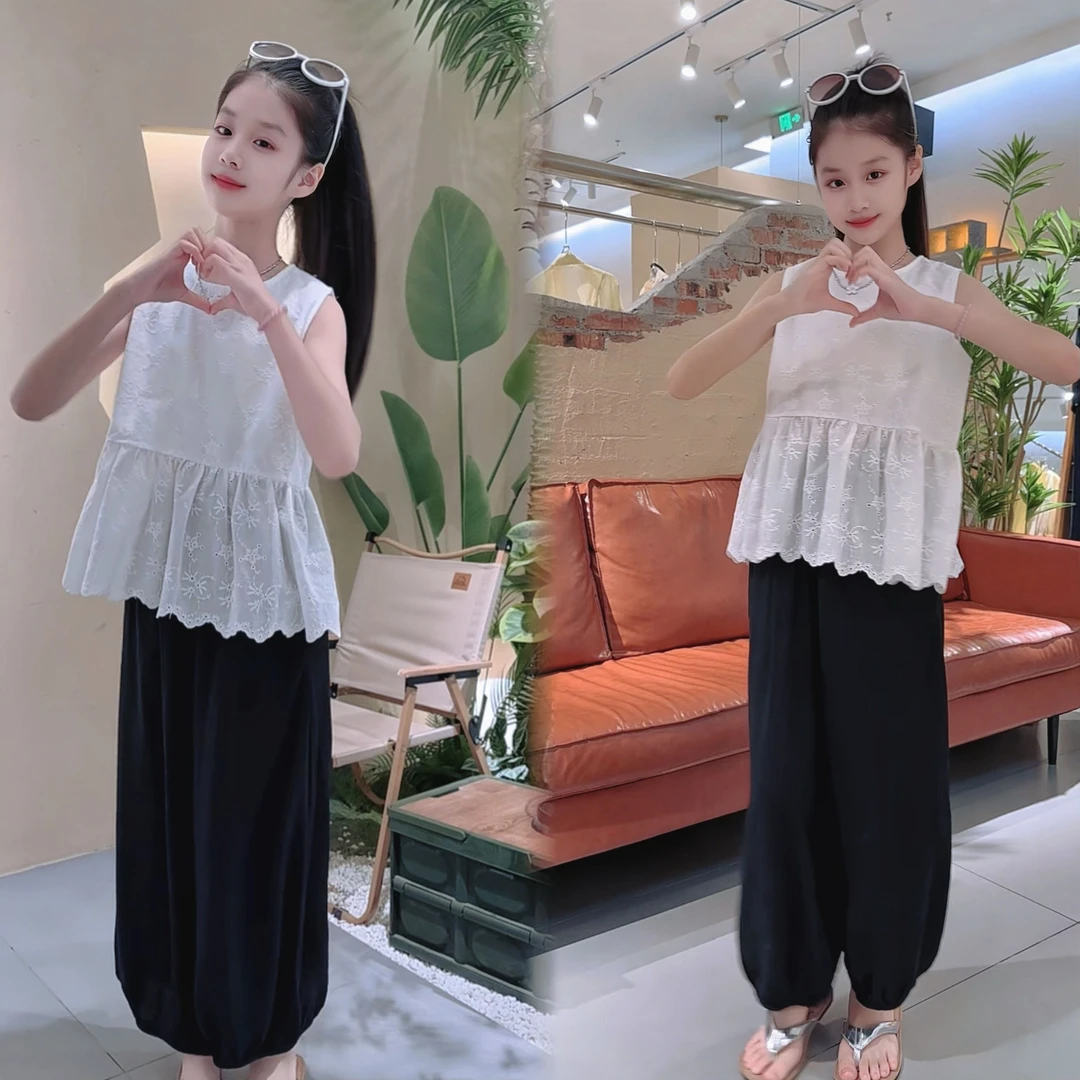 女童夏季套装儿童蕾丝洋气时尚亲子甜美背心上衣+灯笼裤两件套潮9