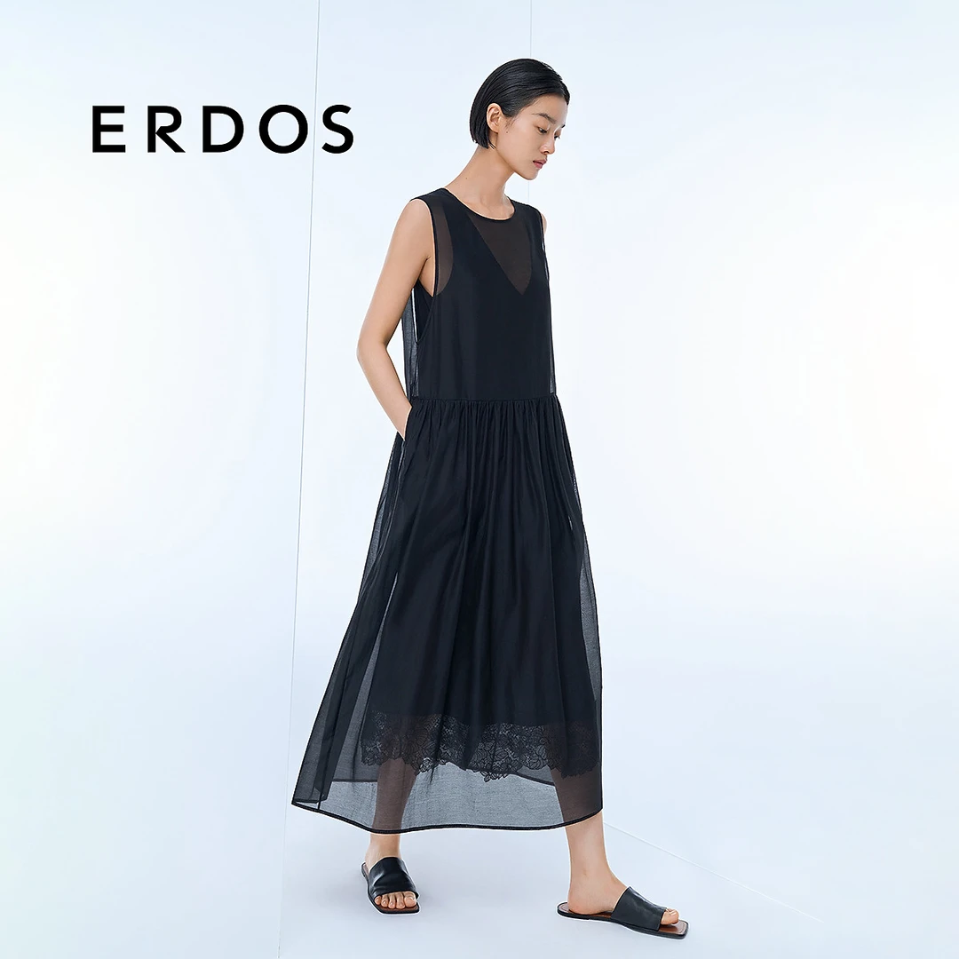 ERDOS 丝棉欧根纱面超轻透感黑色连衣裙女【仲夏夜】25年春夏新品