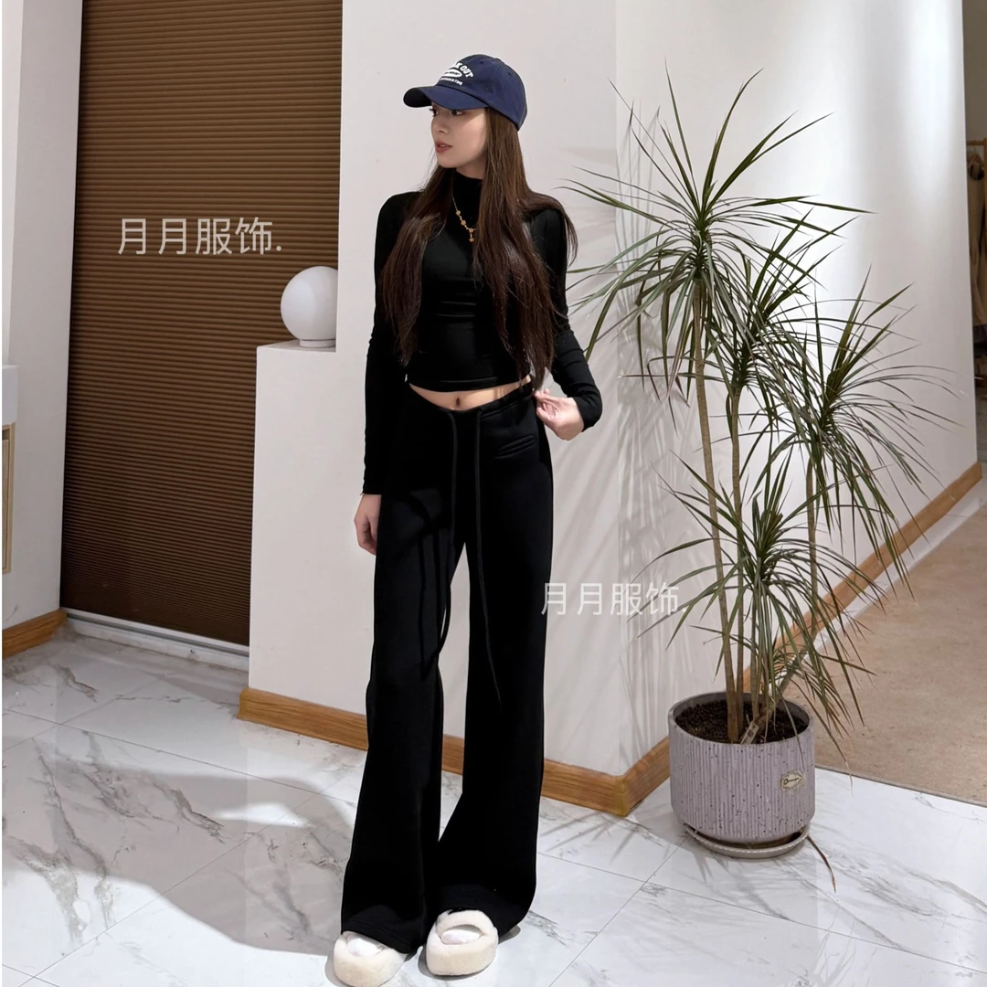 春夏宽松阔腿裤女百搭抽绳阔显瘦腿裤中腰简约纯色透气休闲阔腿裤