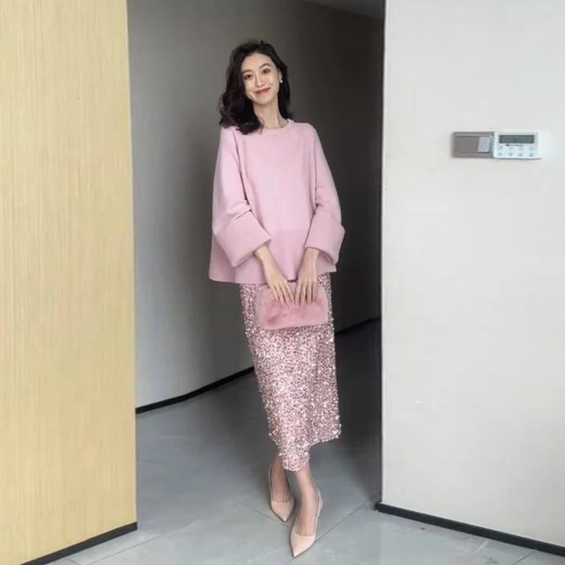 今年流行春装小香风粉色针织上衣亮片半身裙套装女茶里茶气两件套