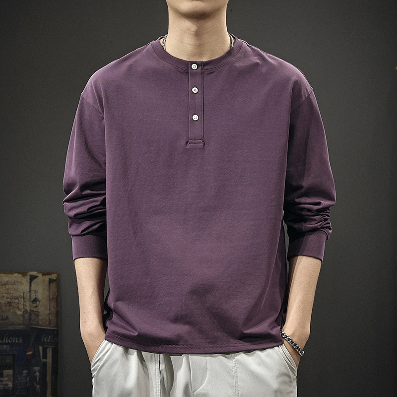 美式潮牌亨利领紫色长袖T恤男士秋季简约宽松百搭休闲内搭上衣