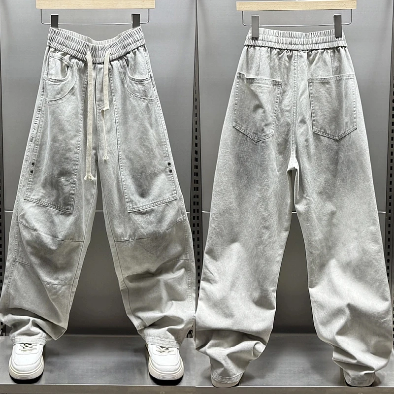 春夏新款美式高街拖地水洗休闲裤宽松阔腿做旧脏脏裤男士直筒长裤
