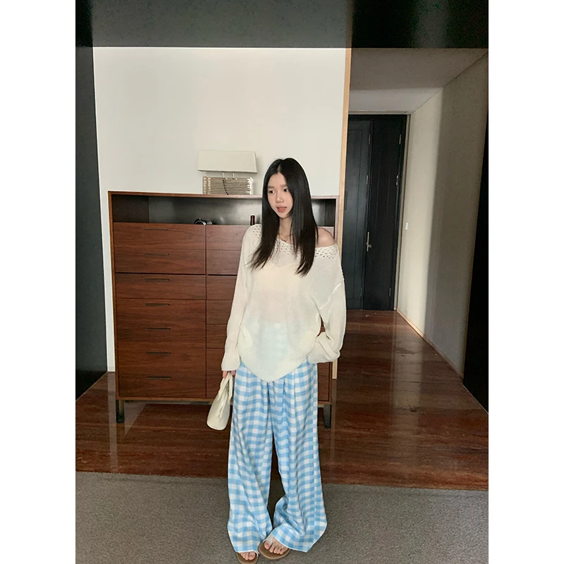 王少女的店【现】蓝色格纹直筒阔腿裤春季舒适感长裤子 K30657S51