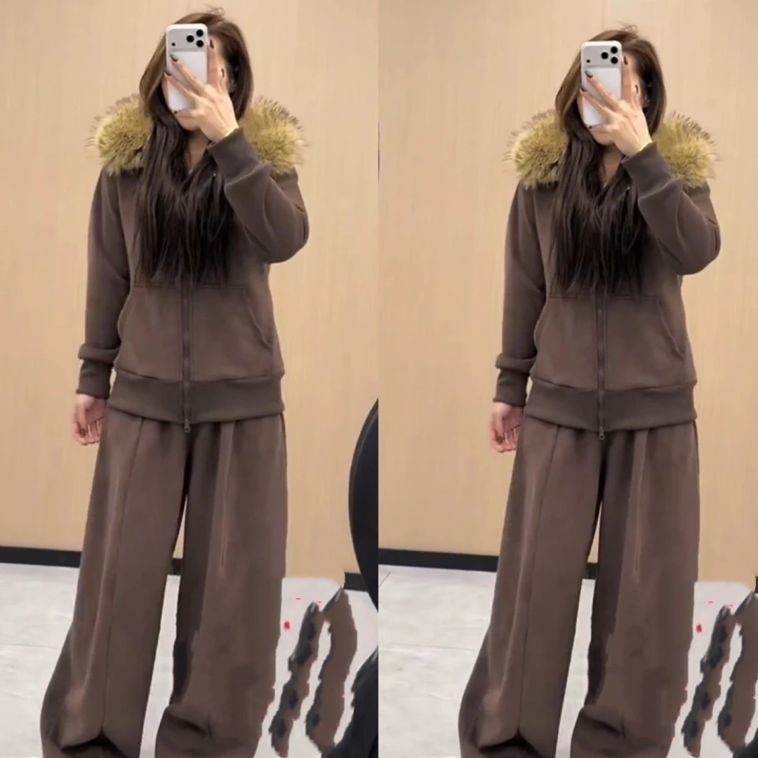 胖mm大码韩系休闲大毛领加绒短外套显瘦裤子冬季时尚两件套女