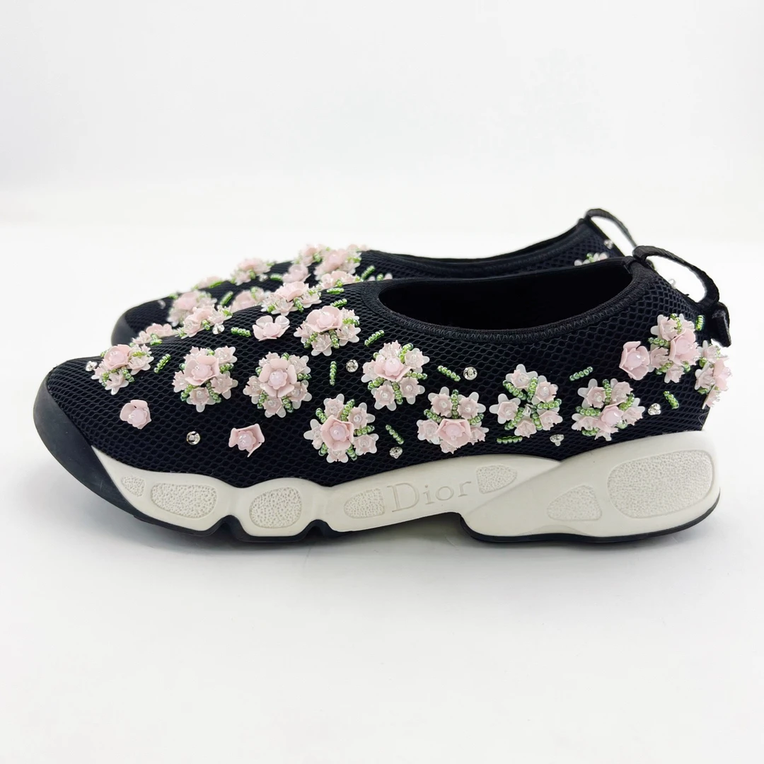 95新 DIOR/迪奥 35.5码/黑色pvc织物珍珠粉色花卉运动鞋/16080343
