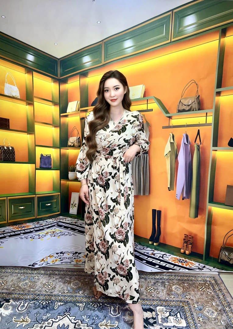 女装斜襟圆领显瘦春季A字裙连衣裙高弹力印花长裙秋季均码（801）