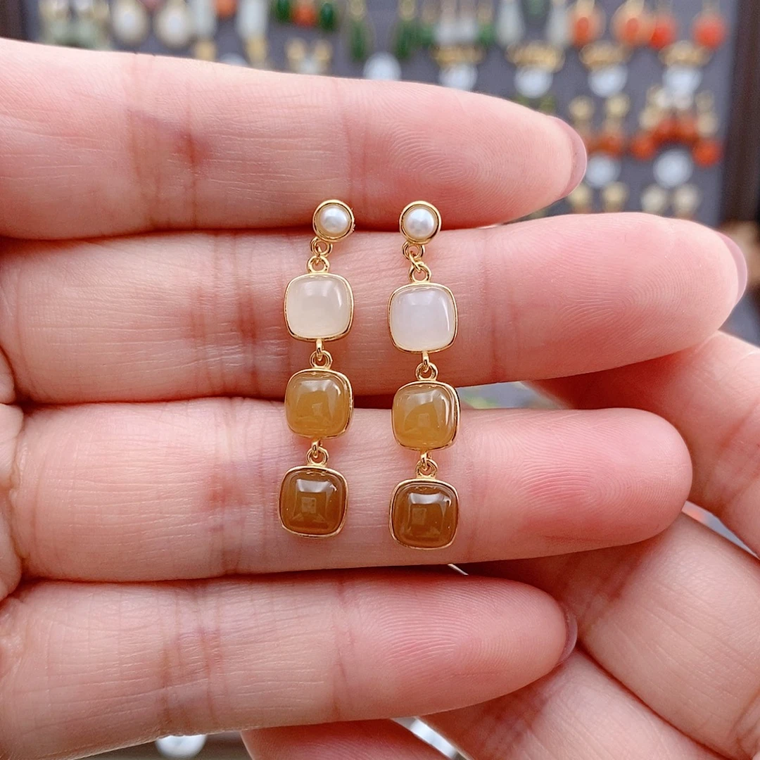 和田玉银S925镶嵌耳饰