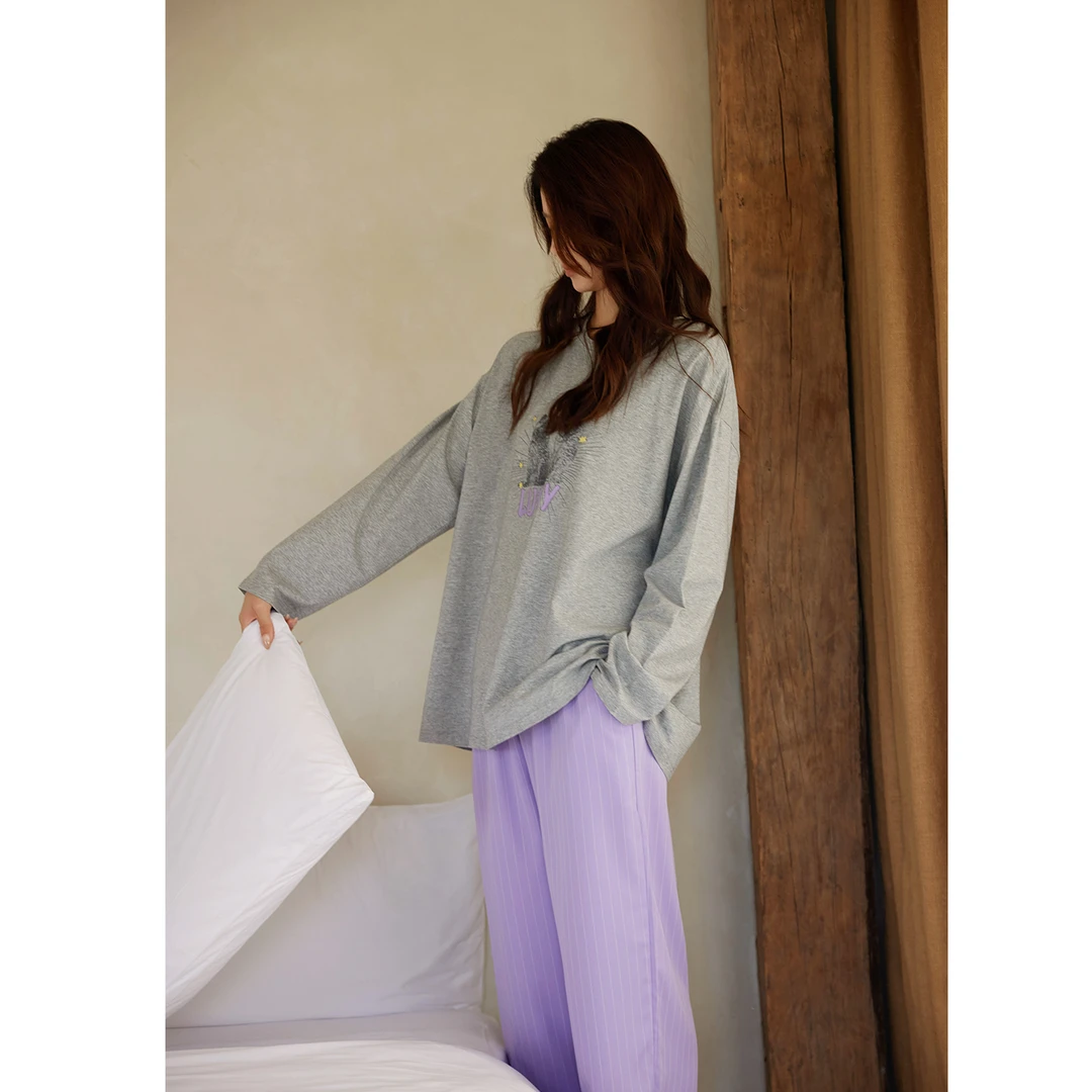 美腾柔软棉抗菌睡衣女春秋长袖宽松猫咪家居服紫色长裤套装可外穿