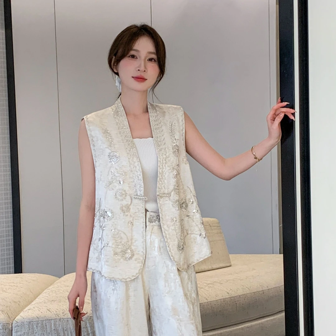 【重工V领三件套】新中式国风v领刺绣马夹女套装258020