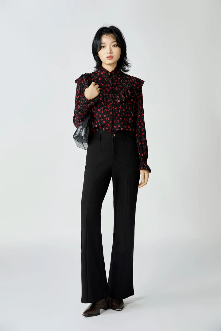 MILIAN/觅恋裤子显瘦气质中高腰时尚休闲黑色微喇51MZ3212A 212