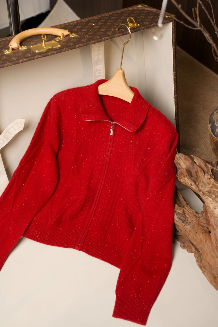 喵喵家 【LP御用纱线】秋冬时尚气质麻花编织纯色女拉链毛针织衫