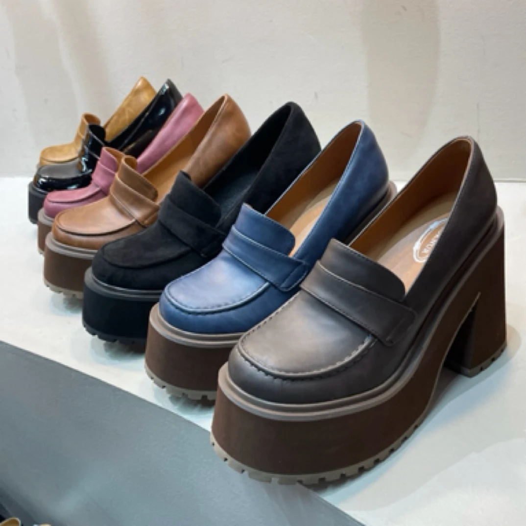 粗跟高跟轻底厚底防水台深口鞋休闲时尚复古